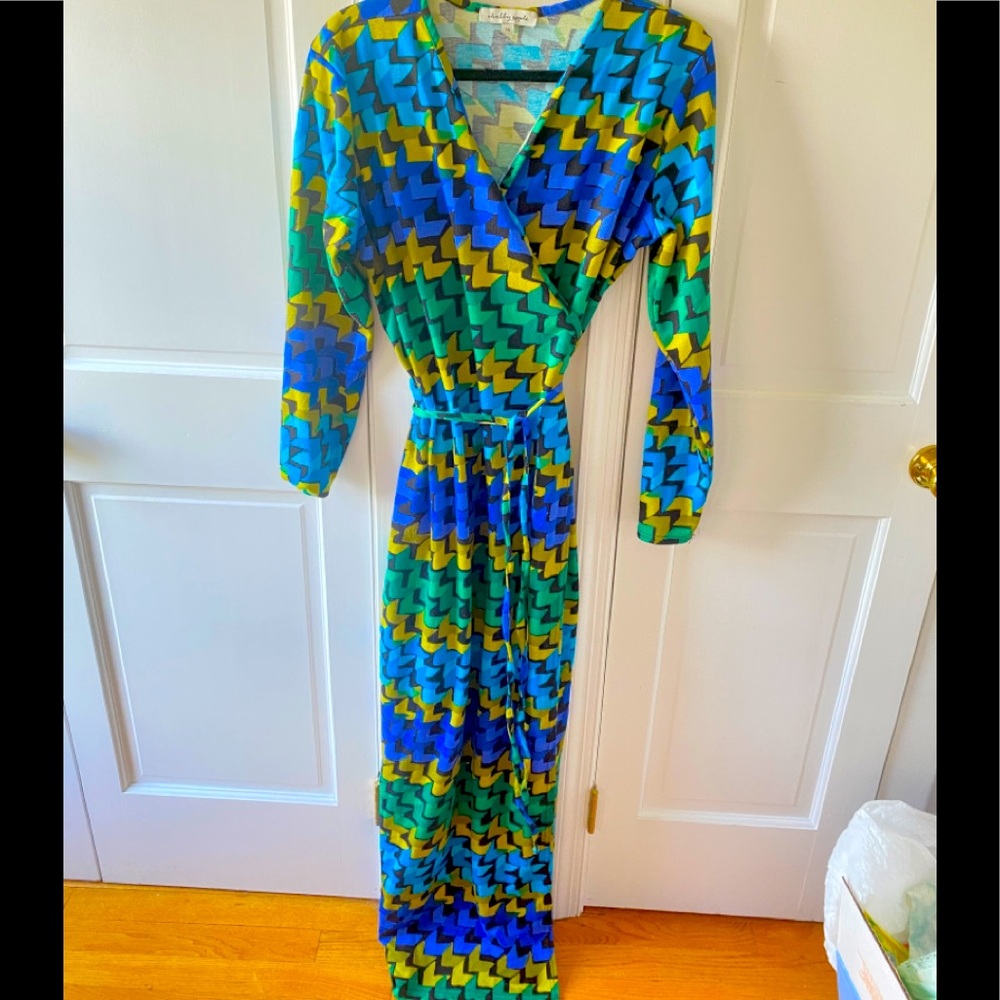 Long sleeved Multi color bike geometric print wrap dress by Shabby Apple sz 16